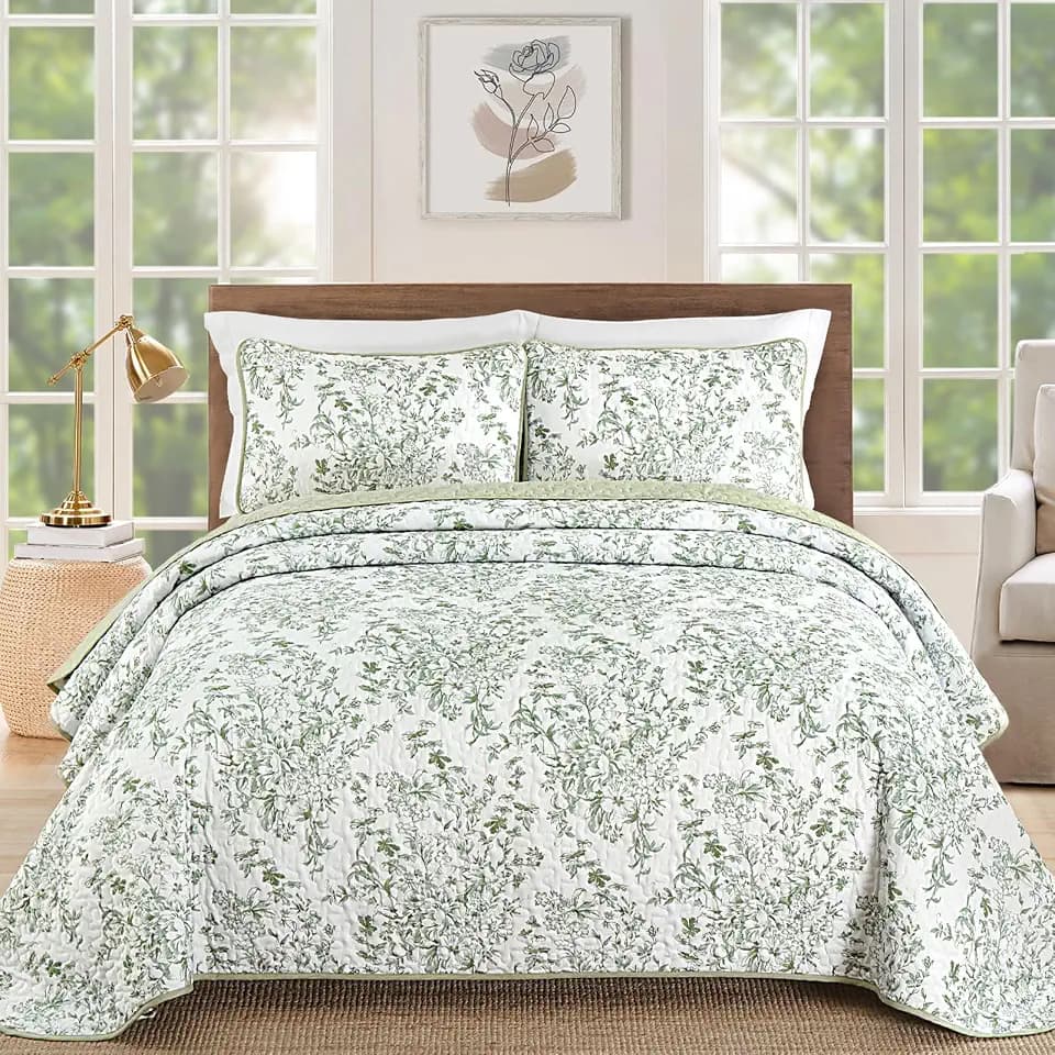 WONGS BEDDING Botanical King Size Quilt, 3 Pieces Bedspread Set, Sage Green