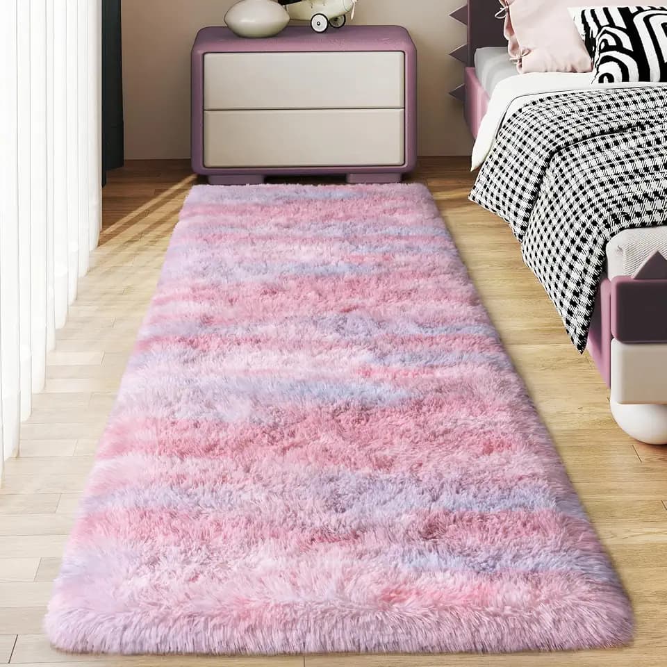 Soft Runner Rugs for Bedroom Hallways, 2x5 Abstract Pink Fluffy Shag Throw Area Rug Non Slip for Bedside Dorm, Long Shaggy Furry Carpet for Nursery Living Room