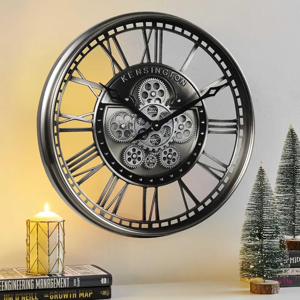 CLXEAST 21" Metal Roman Numeral Wall Clock with Moving Gears,Gunmetal