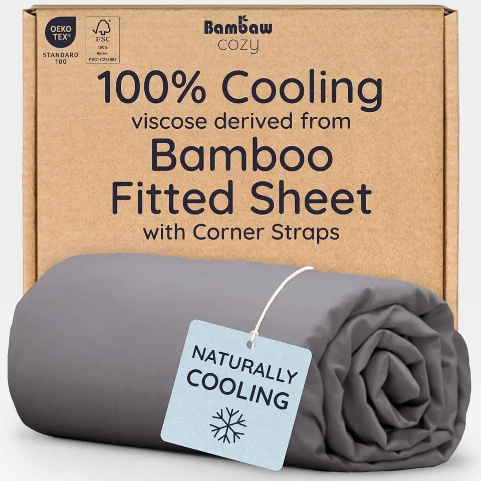 Bambaw 100% Viscose Derived from Bamboo Fitted Sheet Full Size, Cooling Fitted Sheets Only, Full Mattress Fitted Sheet Only, 15’’ Deep Gray Fitted Sheet Full, Soft Fitted Sheet with Straps (Dark Gray)