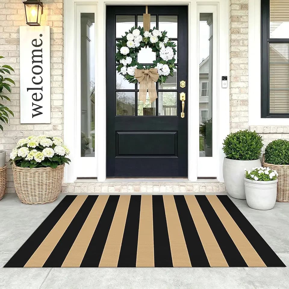 KOZYFLY 3'x5' Striped Area Rug, Brown and Black Woven Cotton Outdoor Rug