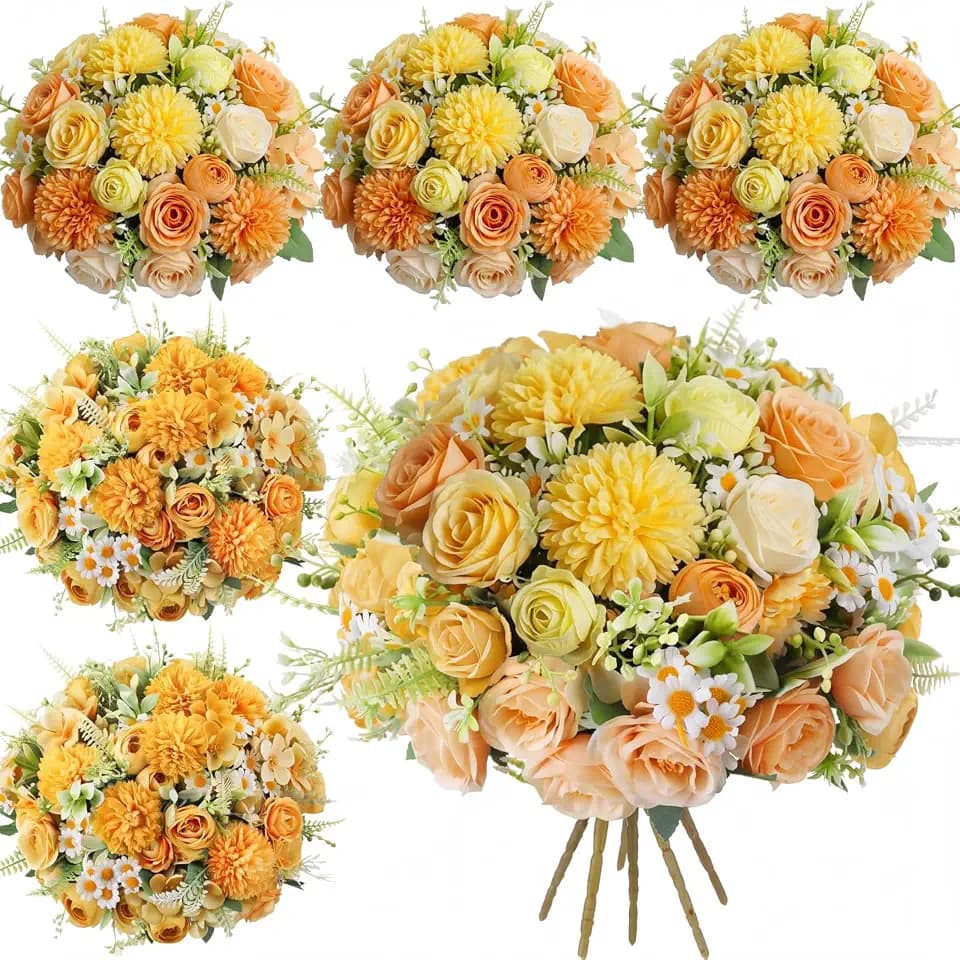 Tigeen 6 Bundles Artificial Flowers Bouquet for Wedding, Orange Yellow