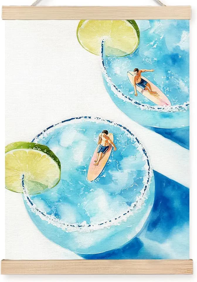 PQKIY Trendy Coastal Cocktail Surf Wall Art Poster Hanger Frame 12x16 in, Whimsical Summer Blue Margarita Beach Aesthetic Wall Decor Canvas Prints for Beach Room Home Bar Dorm Apartment