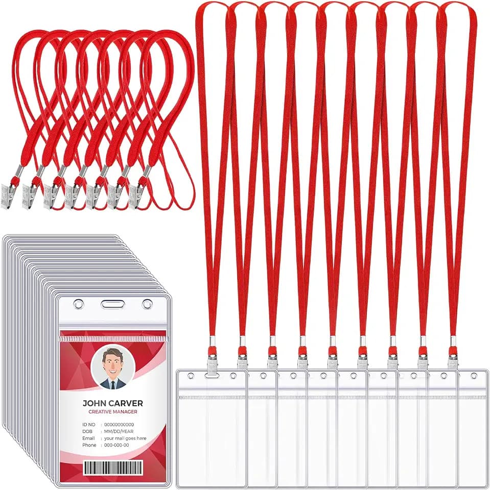 Marspark 50 Pcs Name Tag Lanyards with ID Holder Lanyards for ID Badges Resealable Flat Neck Name Tag with Clip Waterproof Plastic Clear Badges Bulk for School Office Supplies (Red)