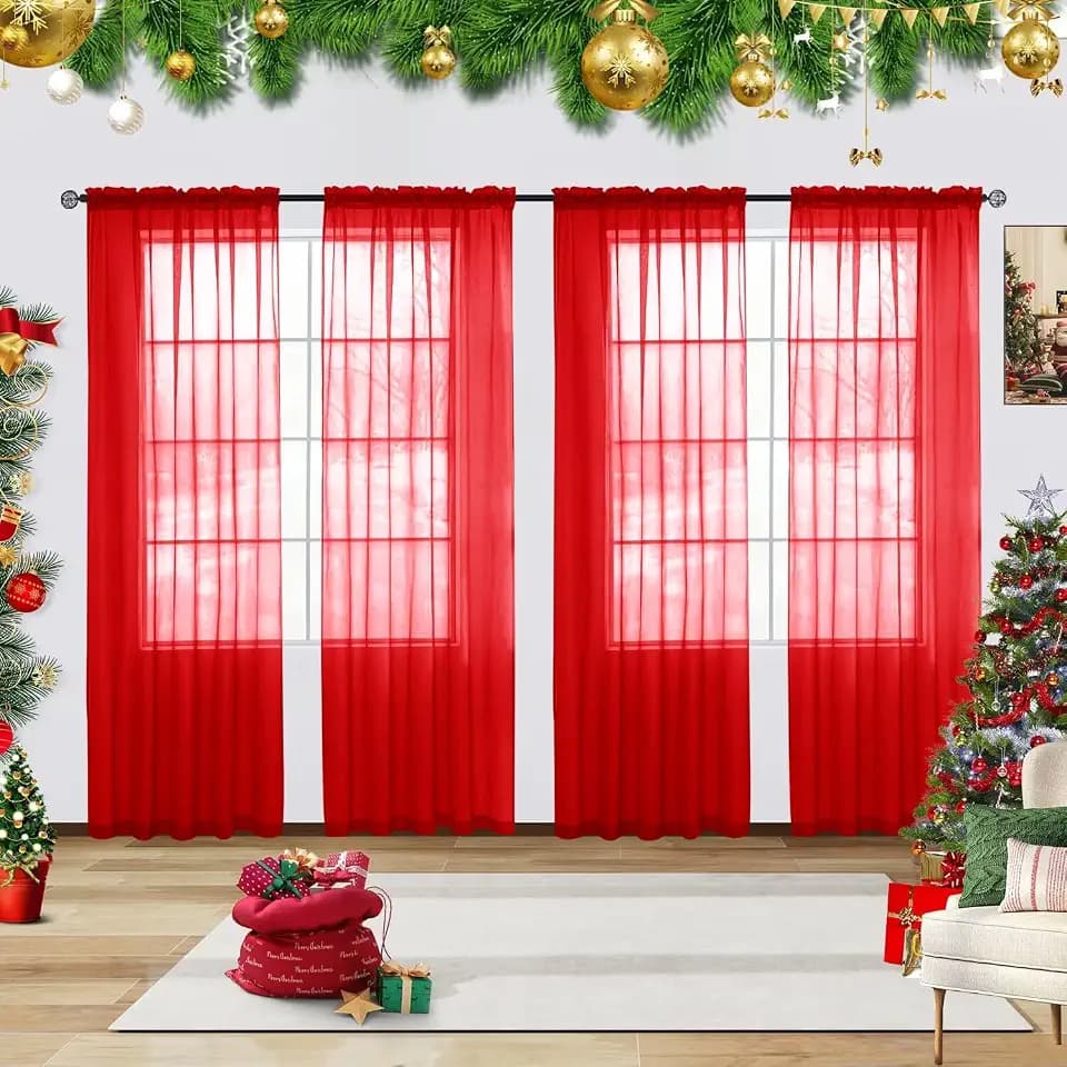 youleyar Solid Sheer Rod Pocket Curtain Voile Draperies 4 Panels White Beige Black Grey Ivory 52 Inch Width 84 Inch Long 1 Pair for Kitchen Bedroom Children Living Room Yard(Red,52 Wx84 L)