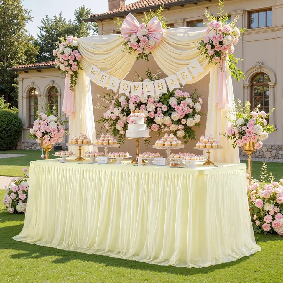 Besutolife Ivory Tulle Tablecloth for Rectangle Tables 4ft 3 Sides for Wedding Birthday Party Bridal Shower White Tutu Ruffle Table Cloth Banquet Dinner Table Decorations