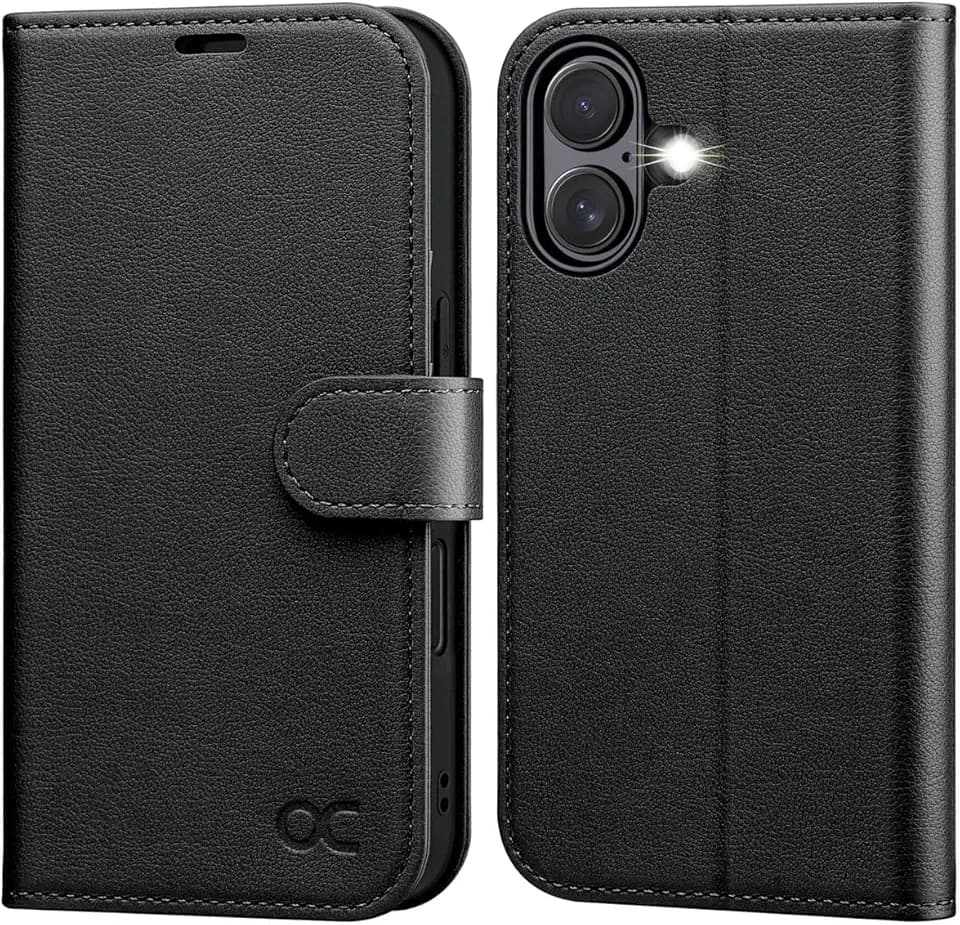OCASE Hülle für iPhone 17 5G, Handyhülle Premium PU Leder Schwarz Litschi