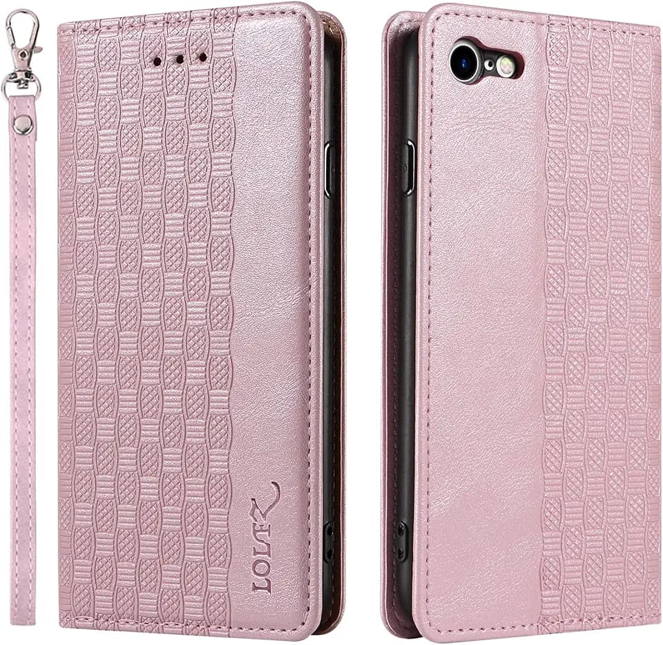 LOLFZ Hülle für iPhone 7 Plus iPhone 8 Plus, Leder Handyhülle Kartenfach Ständer Handschlaufe Magnetische Klappbare Stoßfeste Schutzhülle für iPhone 7 Plus/8 Plus - Rosegold