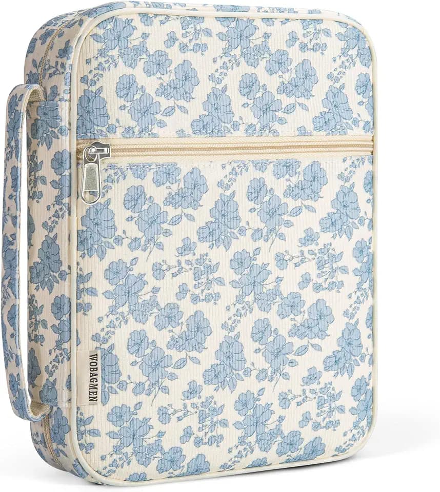 WOBAGMEN Bible Cover Case for Women,Cordoury Bible Cover with Handle,Blue Floral Bible Book Cover,Carrying Case Bible Protective Christian Gift(Cute Blue Floral, M)