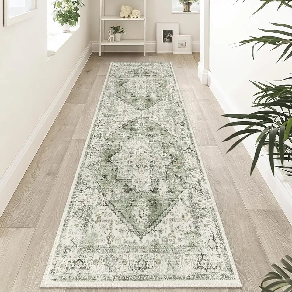 LIVEBOX Sage Green Runner Rug Non-Slip 2.5x8 - Oriental Bedroom Rugs Long Hallway Rugs for Home Decor, Low-Pile Vintage Carpet for Bathroom, Non-Slip Soft Carpet Throw Rug for Laundry Room