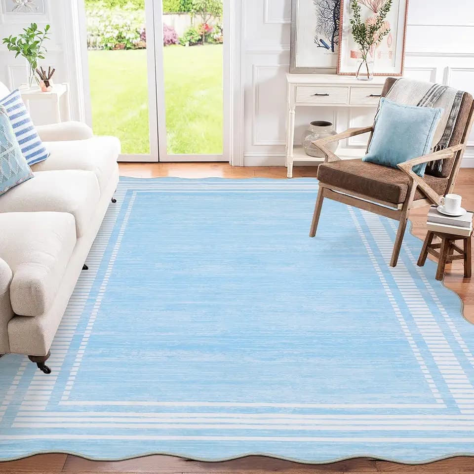 Garvee Washable Rug 8x10 Area Rugs for Living Room Bedroom, Non Slip Low Pile Solid Neutral Soft Carpet, Modern Scalloped Pattern, Faux Wool Floor Mats for Dining Room Home Office, Light Blue