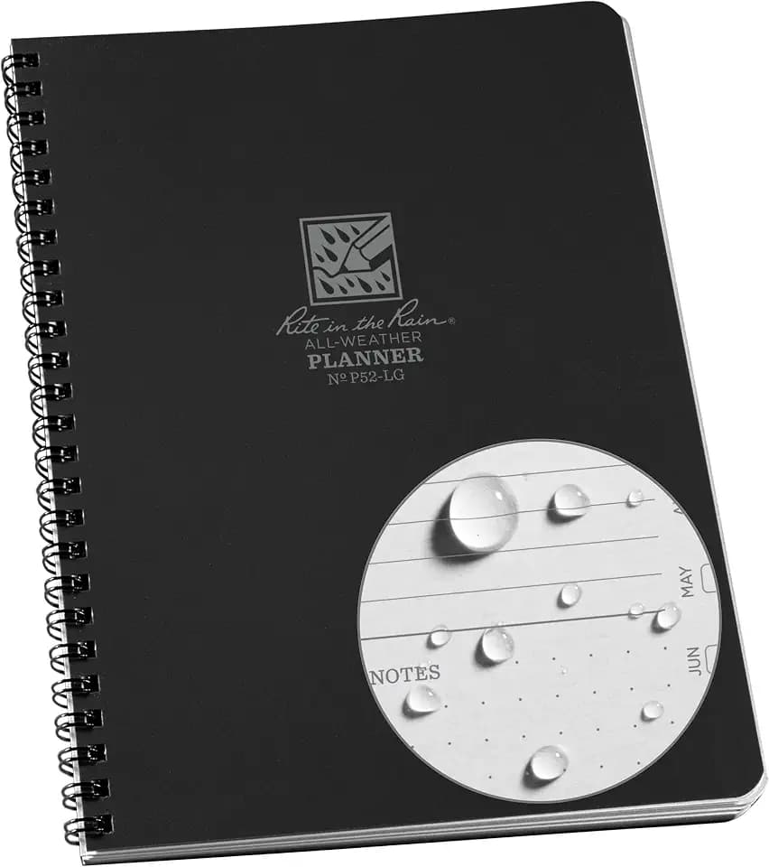 Rite in the Rain Weatherproof Side Spiral Weekly Planner, 6.625" x 8.5", Black Cover, Undated Calendar (No. P52-LG)