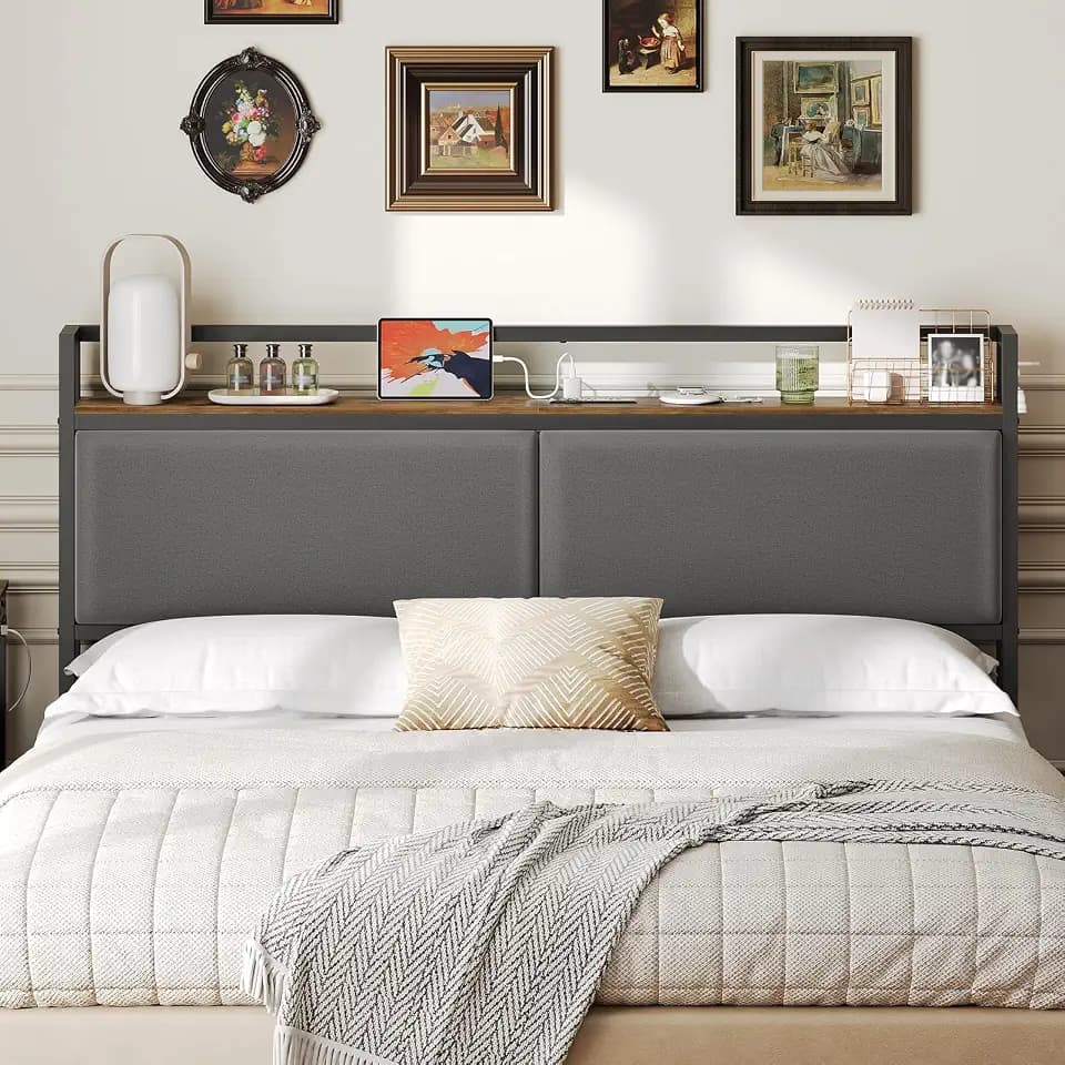 YATINEY Queen Headboard Only with Storage, Upholstered Head Board with Charging Station, Height Adjustable, Sturdy and Stable, Vintage Style, Rustic Brown, Gray and Black