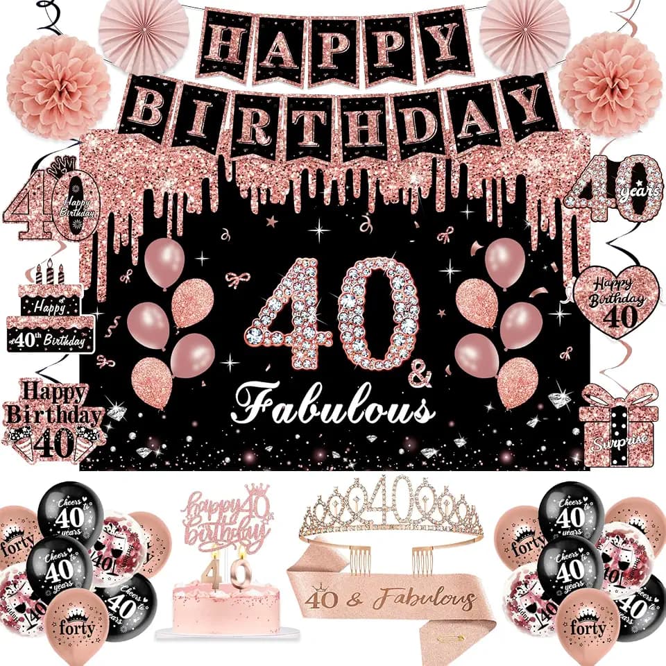 50Pcs 40th Birthday Decorations for Women,Rose Gold Black Pre-Assembled Set