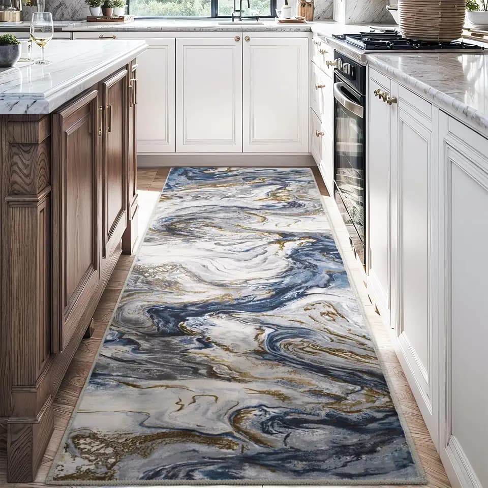 PADOOR Abstract 2'x8' Runner Rug, Washable Non-Slip Low Pile, Marble Blue