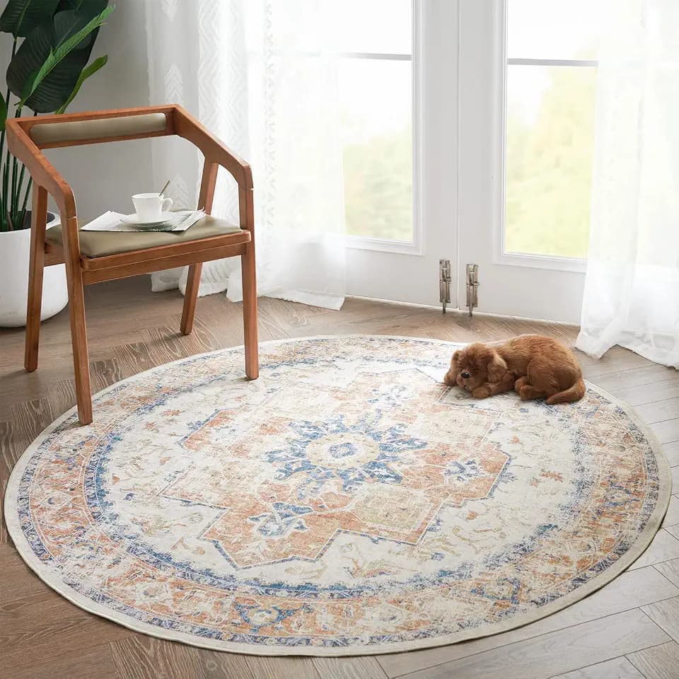 jinchan 4ft Vintage Medallion Washable Round Area Rug, Orange