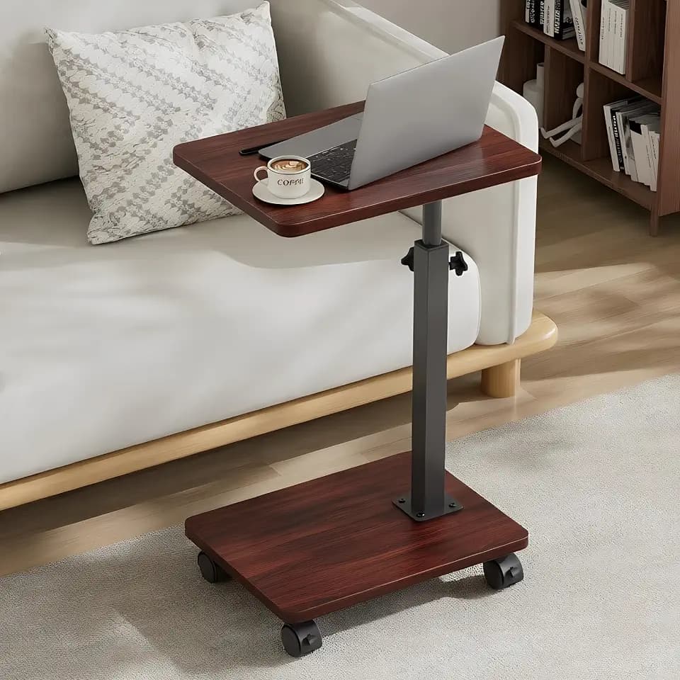 VECELO TV Tray Table for Couch, Adjustable Height & 360°Swivel & with 4 Wheels, C Shaped Snack Table for Sofa, Bed, Small Space, Dark Walnut