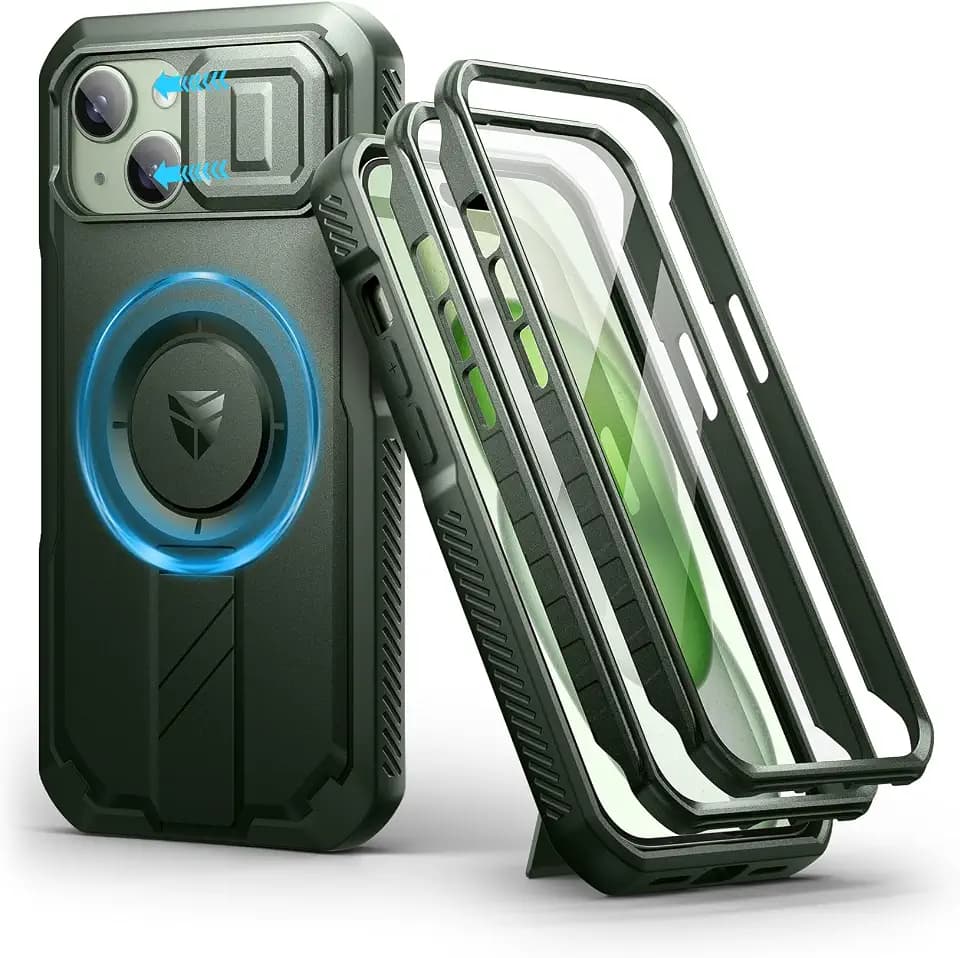 Dexnor for iPhone 15 Case with Slide Camera Cover & Adjustable Kickstand & Built-in Screen Protector, Magnetic Rugged Shockproof Bumper Cases Heavy-Duty Magnetic Protective Cover,Army Green