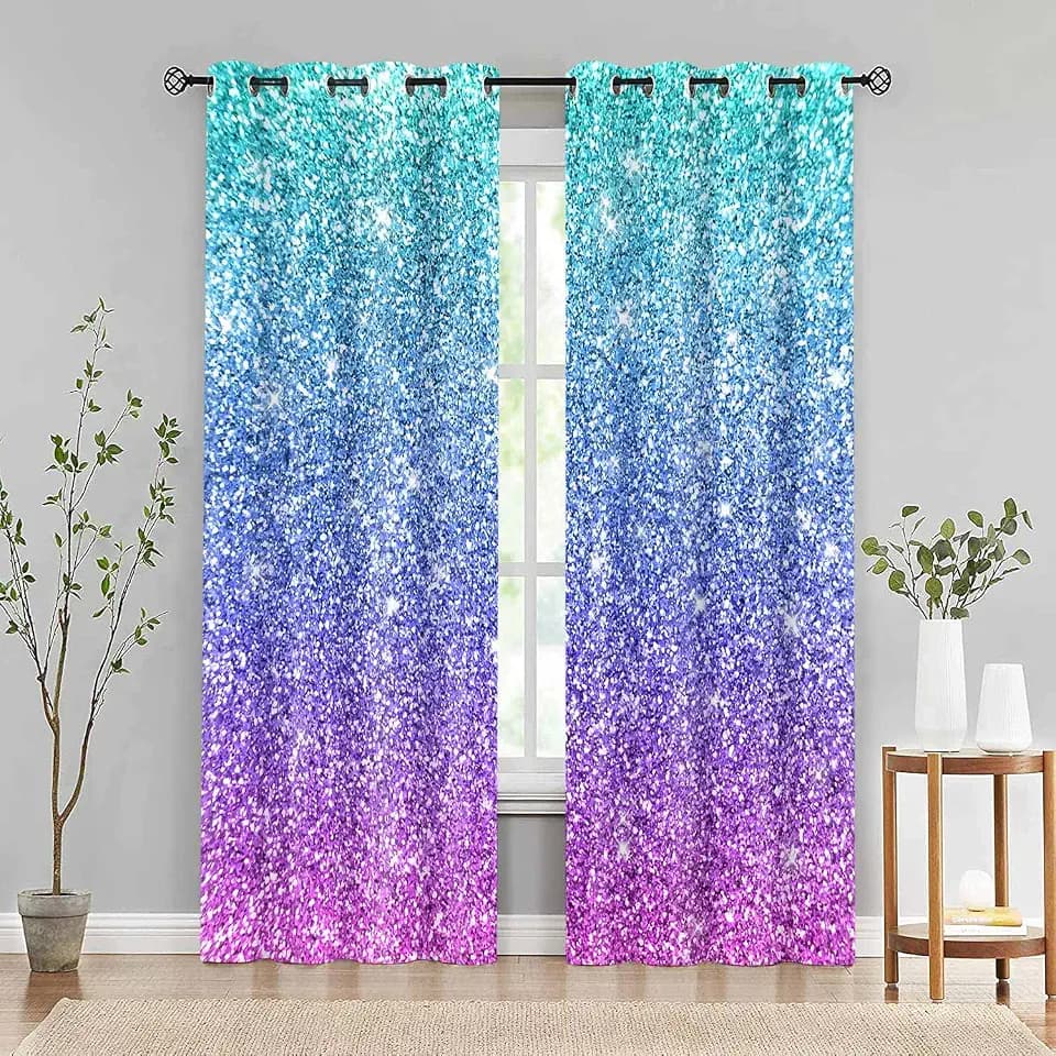 Gradient Color Shiny Print Curtains Gorgeous Rainbow Mermaid 52x84inch