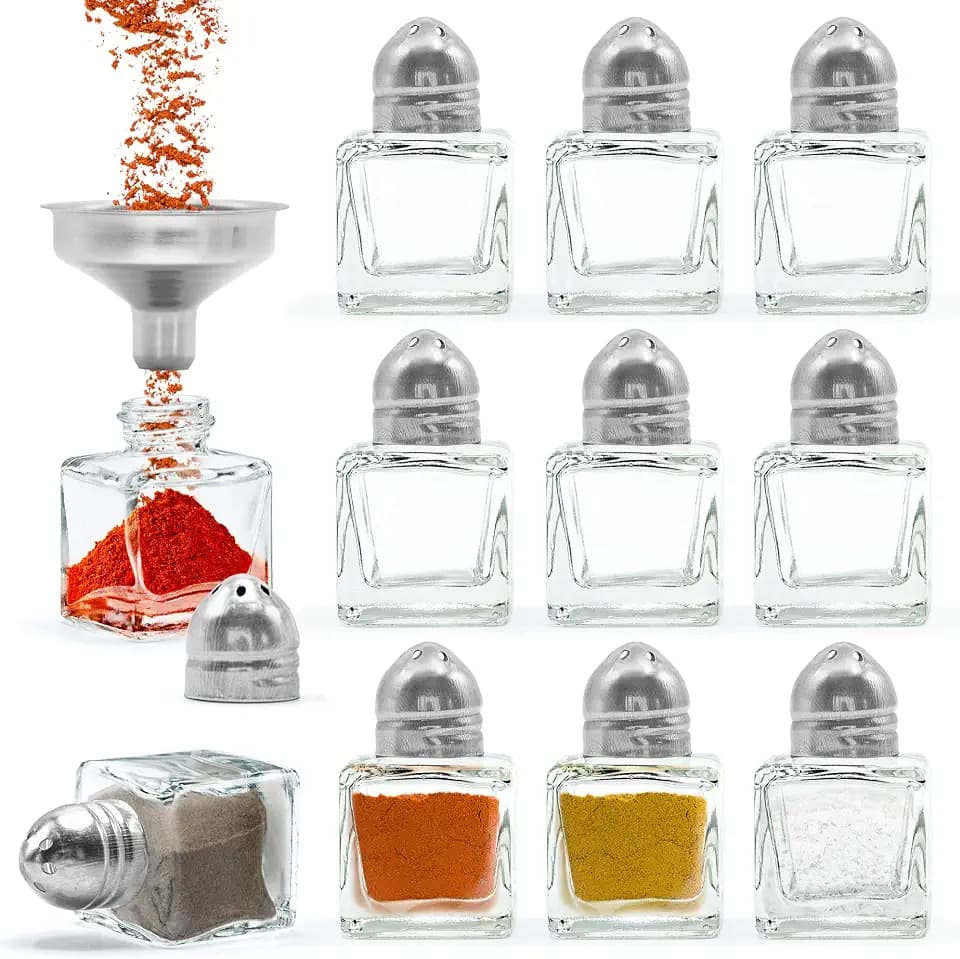 Set of 24 Small Salt and Pepper Shakers, Bulk Salt and Pepper Shakers with Funnel Tool, Clear Glass Mini Salt and Pepper Shakers Set with Stainless Steel Tops for Wedding Table & Party, 0.5 oz
