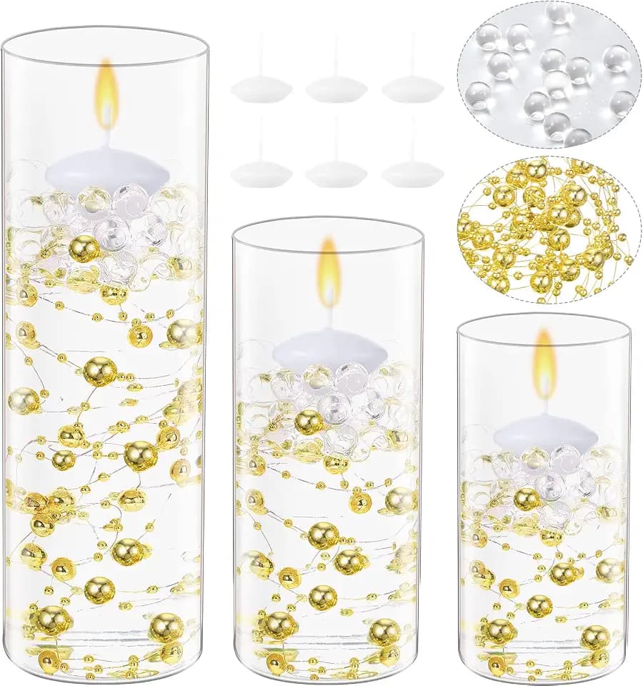 Shihanee 15 Pcs Glass Candle Vases, Clear Cylinder Holders,Gold
