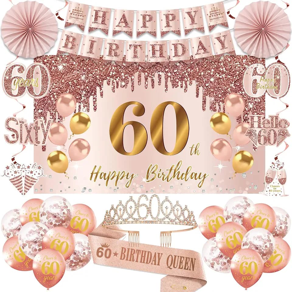 60th Birthday Decorations for Women, Happy 60th Birthday Banner Sash Crown