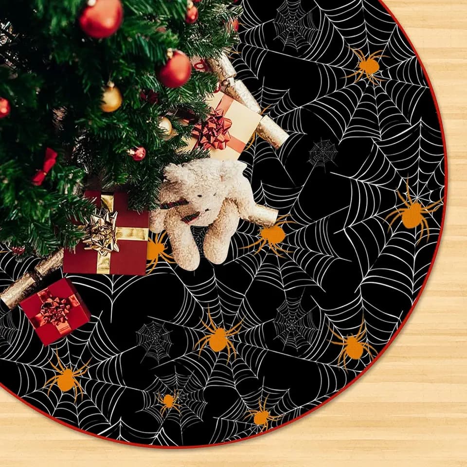 Halloween Tree Skirt Lace-up Spider Web Large Orange Black Tree Skirt, Halloween Holiday Party Decorations Christmas Tree Skirt 48"