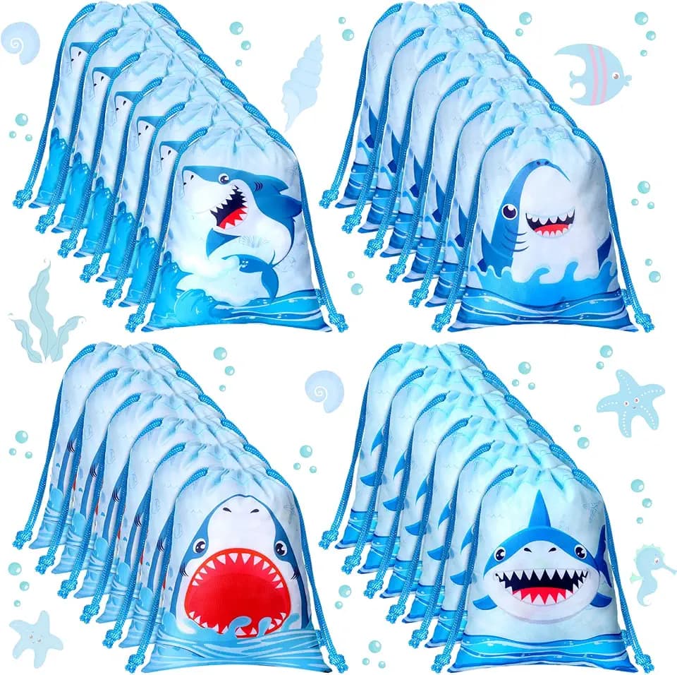 Capoda 24 Pcs Shark Party Drawstring Bags Summer Party Favors Shark Themed Birthday Decoration Ocean Animals Drawstring Bags Bulk for Candy Snack Treat Wrapping Under The Sea Supplies