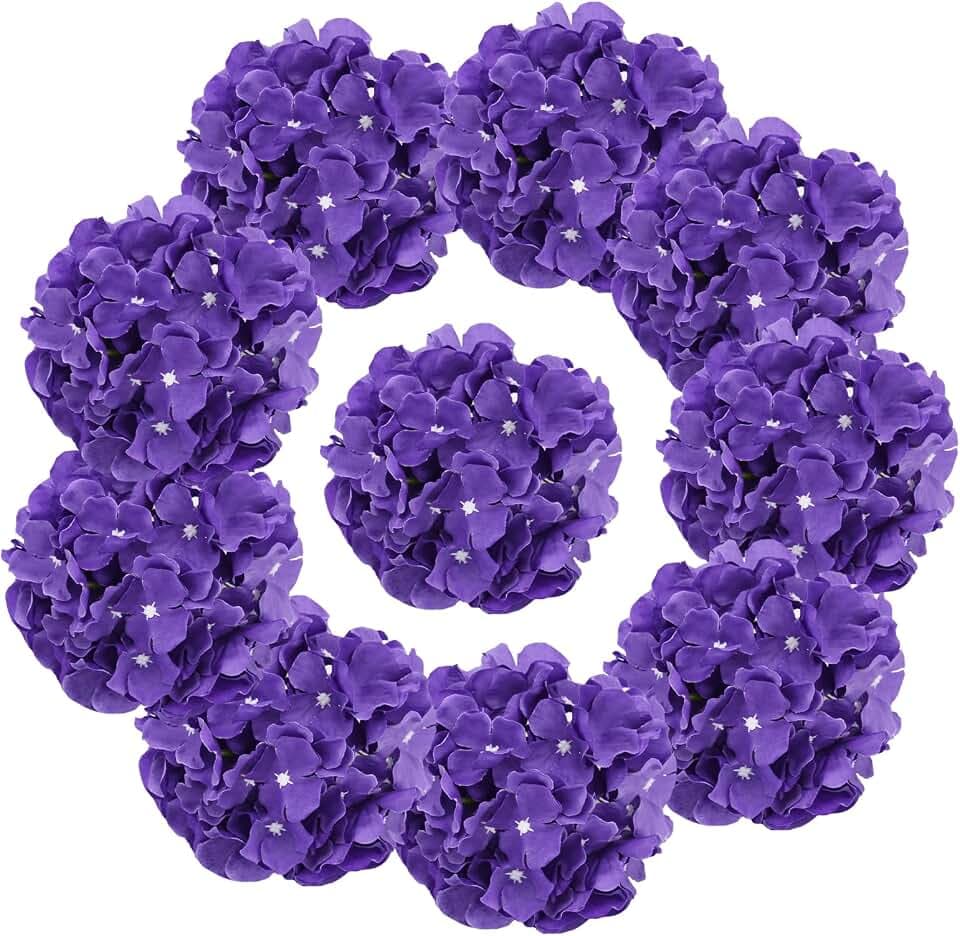 Hydrangea Artificial Flowers, 10Pcs Deep Purple Hydrangea Head with Stem