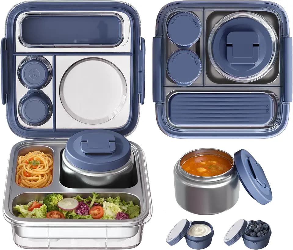 Stainless Steel Bento Lunch Box for Kids Adults with 8oz Insulated Food Jar, Leak-proof, Dishwasher-Safe, Transparent Lid with Sauce Cup and Cutlery Storage for School & Travel,BPA-Free(Blue)