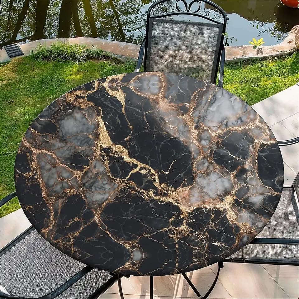 Round Fitted Tablecloth with Elastic Edge Design Table Cover Waterproof Table Cloth Stain-Resistant for 53"-60" Round Table for Dining, Picnic, Party, Decor, Outdoor, Black Marble
