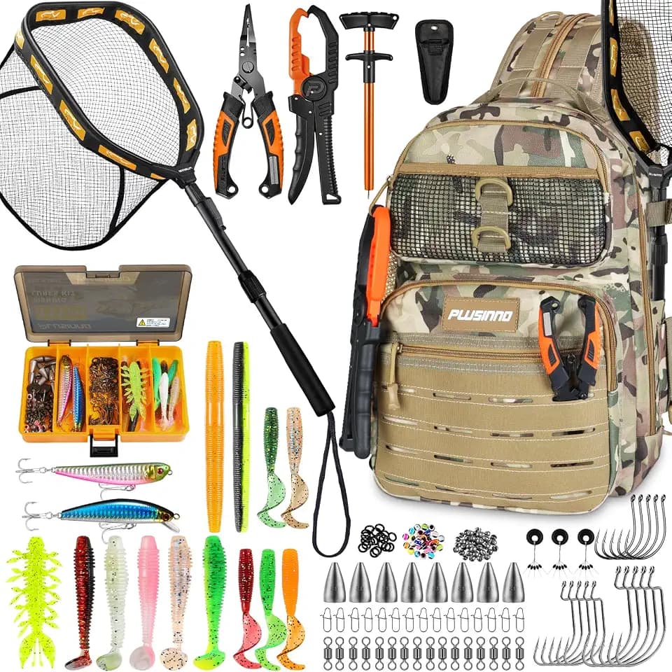 PLUSINNO Fishing Backpack with Fishing Gear Fishing Net, Waterproof Tackle Backpack with Rod Holders, Tackle Box, Lures, Tools, Pliers & Accessories, Fish Gifts for Men