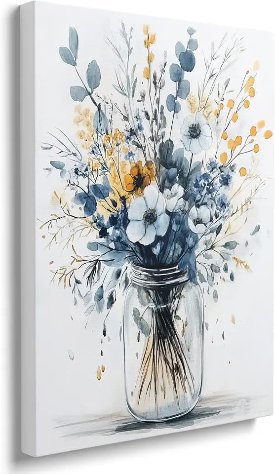 Framed Navy Blue Prints Vintage Daisy Floral Picture Wall Decor Gift Modern Poster Retro Simple Rustic Flower Canvas Wall Art Wildflower Painting for Living Room Bathroom Artwork (24"x36")
