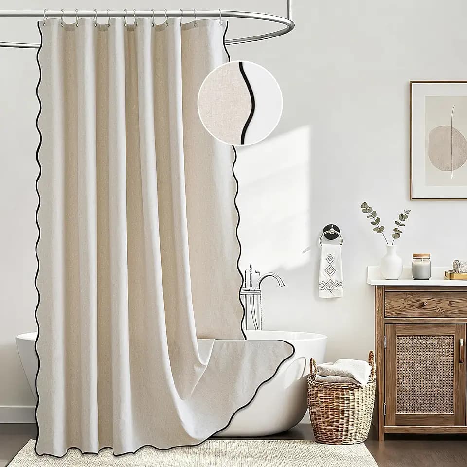 Beige Scalloped Shower Curtain Linen Textured with Black Border, W72xL72