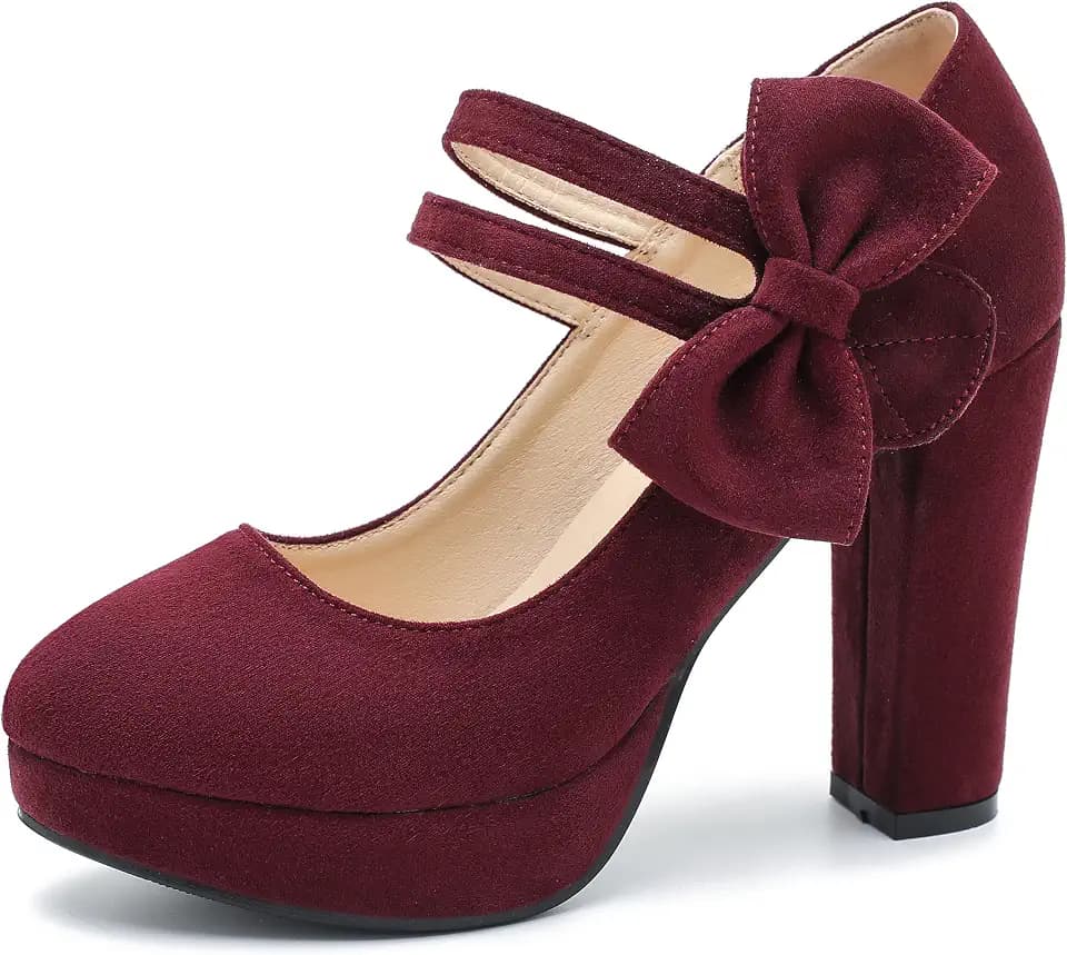 MAIERNISI JESSI Women's Platform Mary Jane Pumps with Bow, 3.94 Inch Block Heel Dress Shoes