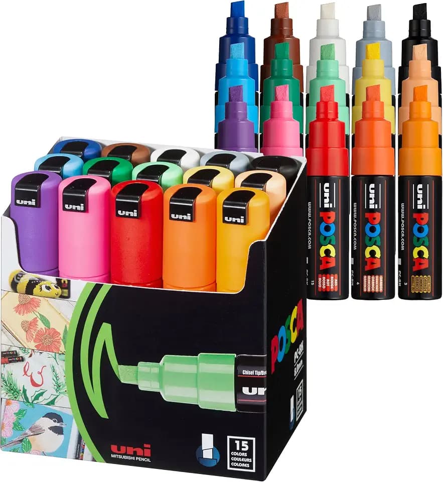 posca Acrylic Paint Markers, 8K Broad Bold Thick Chisel Tips, Artist Recommended Pens for Coloring Gifts, Fabric, Canvas, Glass, Wood or Metal, Set of 15