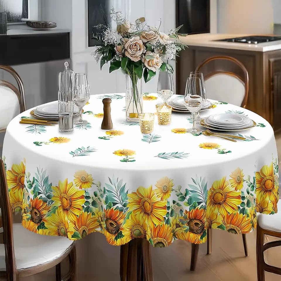 Sunflower Round Tablecloth 70In Tablecloth Waterproof and Wrinkle-Free