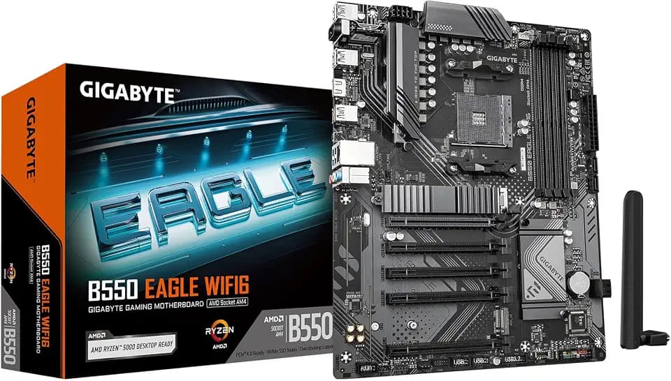 GIGABYTE B550 Eagle WIFI6 Mainboard – AMD Ryzen 5000 G-Serie CPUs, 10+3+1 Phasen VRM, bis zu 3200 MHz DDR4, 1xPCIe 4.0 + 1xPCIe 3.0 M.2, 1GbE LAN, WiFi 6, USB 3.2 Gen 2