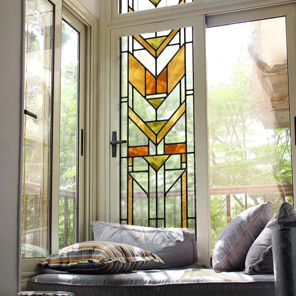 Faux Stained Glass Effect Transparent Window Film, Original Hand Drawn Static Cling Home Decal Inspired by Frank Lloyd Wright, 16.93" x84.65" Martin House, Boho