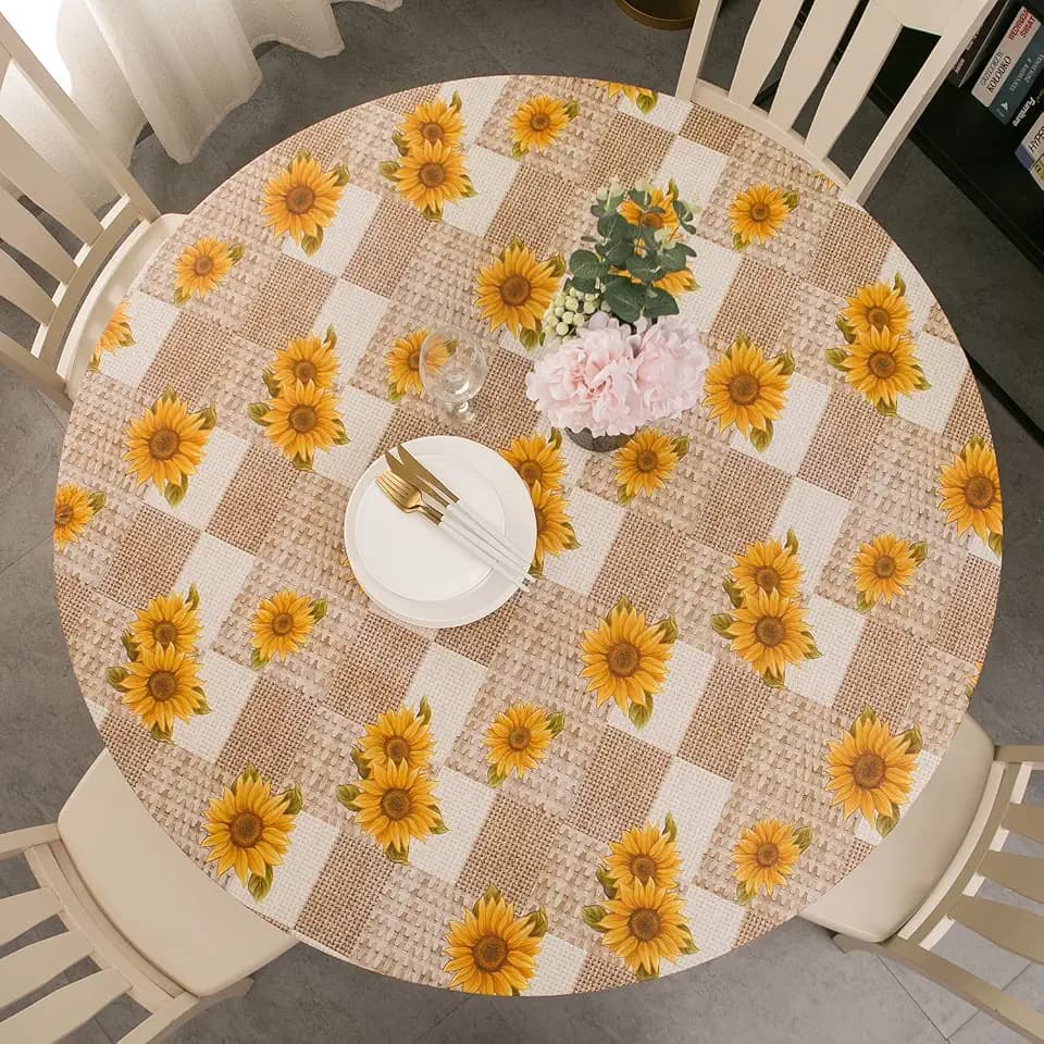 Pioggia Round Vinyl Fitted Tablecloth with Flannel Backing Elastic Table Cloth Waterproof Oil-Proof Plastic Table Cover Best for 25"-31" Round