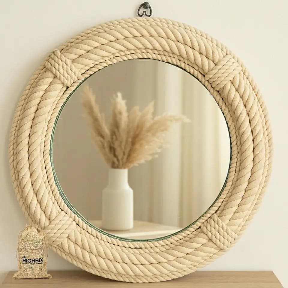 HIGHBIX 18" Inch Round Jute Rope Hanging Mirror for Bathroom, Bedroom, Living Room & Entryway – Handmade Nautical Coastal Decor (Option 2)