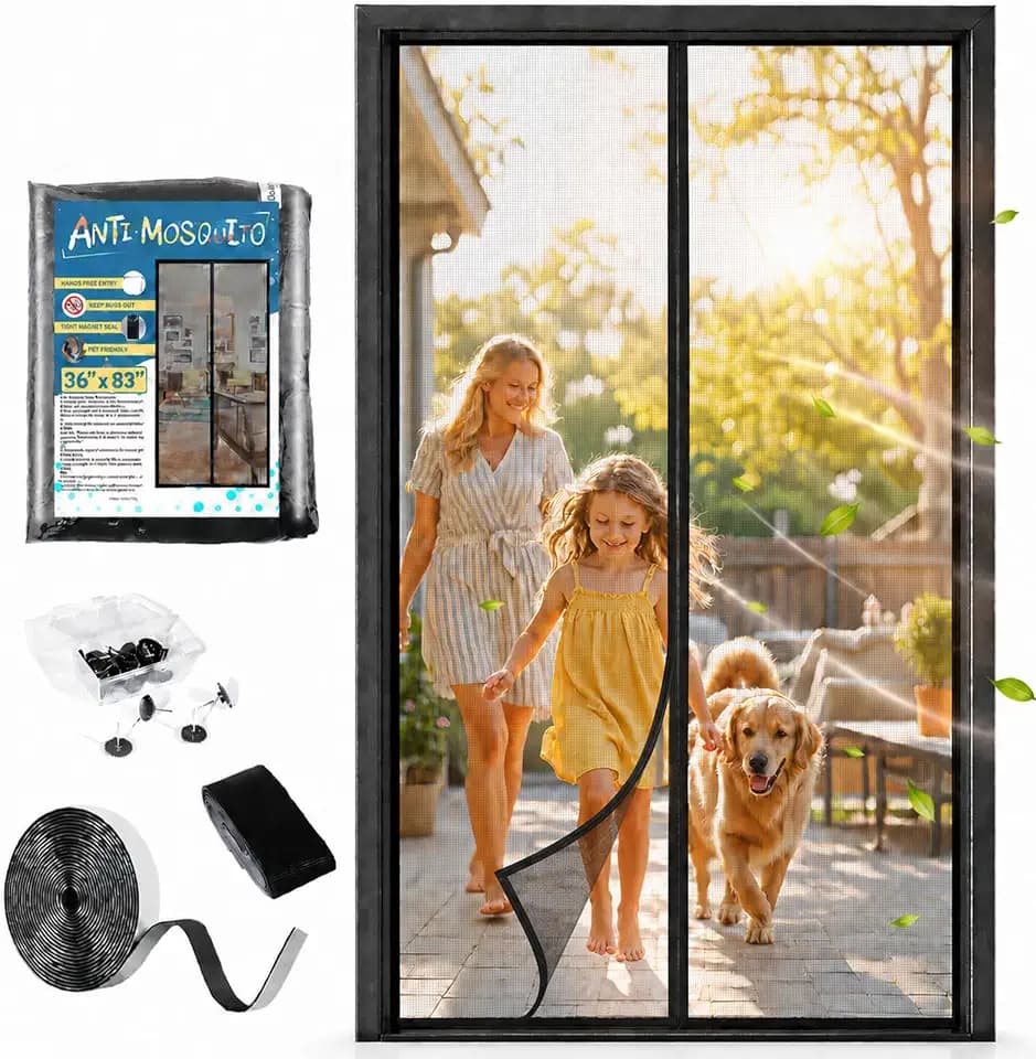 Magnetic Screen Door 36x83 in Fits 34x82 Door Fiberglass Mesh Black