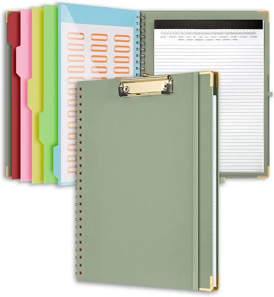 Mymazn Clipboard Folio with Storage, Sturdy Sage Green Cover, 5 Dividers & 10 Pockets, Refillable Notepad – Portable File Organizer for Students, Teachers, Nurses & Professionals