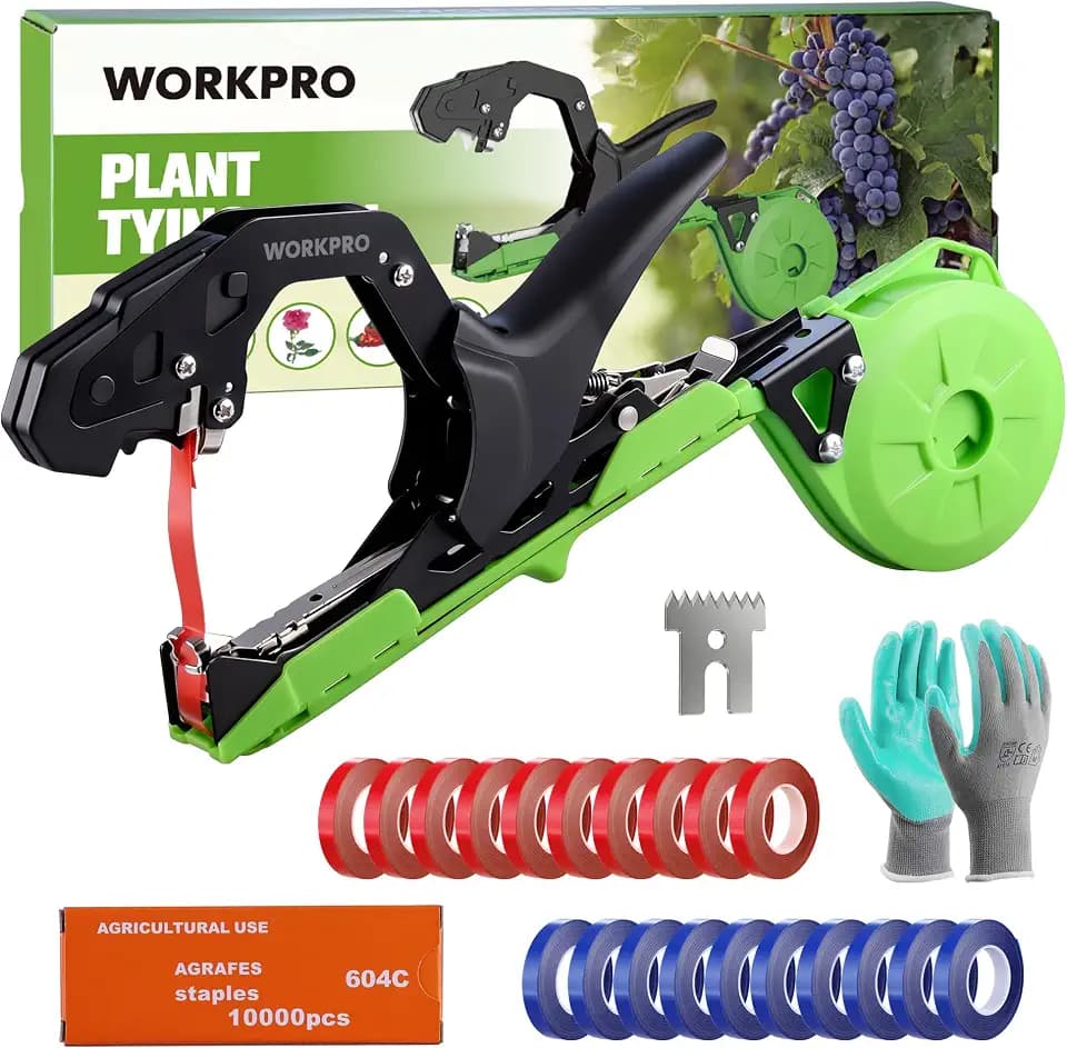 WORKPRO Plant Tying Machine with Gloves & 20 Rolls of Tape & 10,000 Staples