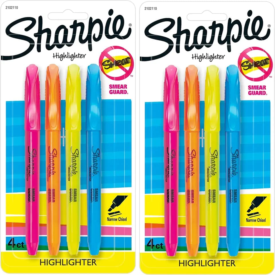 Sharpie Pocket Style Highlighters, Narrow Chisel Tip, Assorted Colors, 8 Count