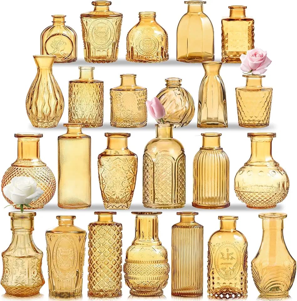 KOIUEYW Amber Gold Glass Bud Vases Set of 24, Vintage Small Vases for Flowers, Clear Crystal Mini Style in Bulk, Small Flower Glass for Centerpieces Wedding Decorations Home Party Decor