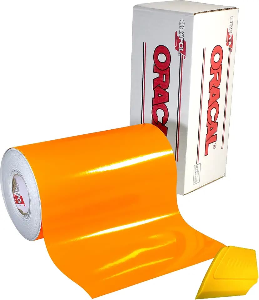 ORACAL 6510 Fluorescent Orange Cast Vinyl Wrap 12" x 30" Roll Including Hard Yellow Detailer Squeegee (2 Roll Pack)