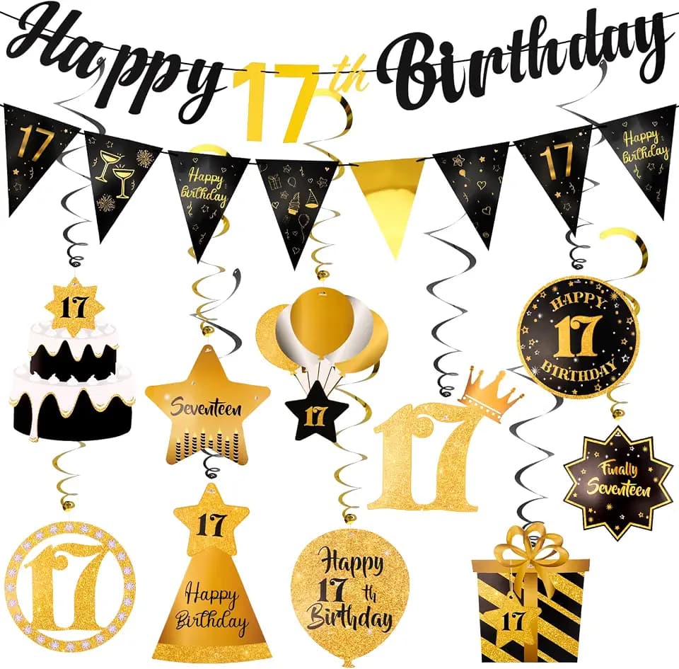17th Birthday Decorations Set - Happy 17 Birthday Banner Triangle Flag Hanging Swirls Streamers for Women Men Party Decorations Supplies, Black and Gold