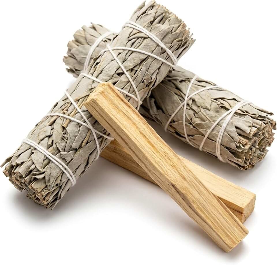 New Age Smudges and Herbs Smudge Kit - 2 California White Sage Smudge Stick for Cleansing (Salvia Apiana) with 2 Palo Santo Incense Sticks (Holy Wood) - Sage Bundles …
