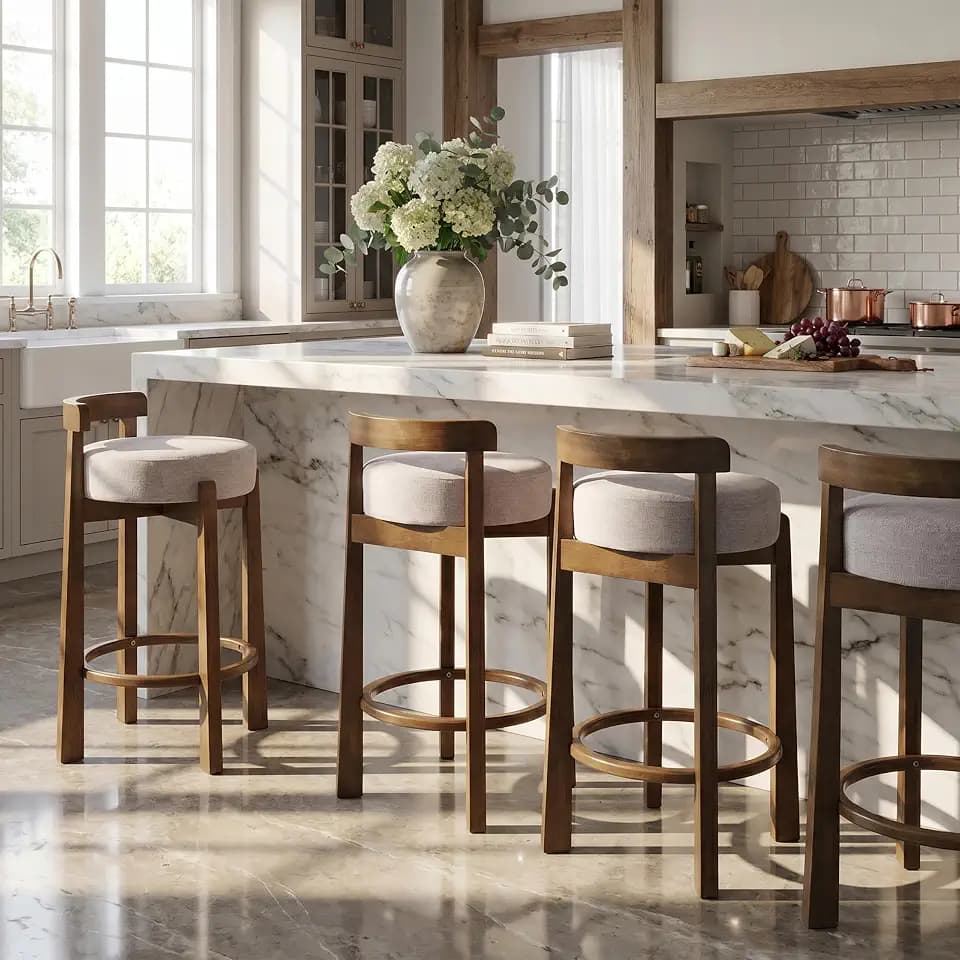 Christopher Knight Home Elise Counter Height Bar Stools Set of 4, Linen Upholstered Barstool for Kitchen Island, Rubberwood Counter Stool with Footrest, Dark Walnut+Ivory